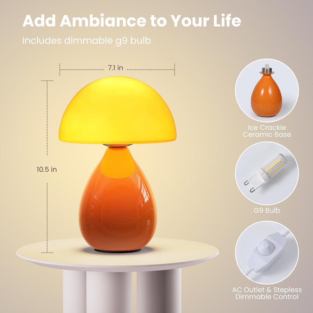 Mushroom Lamp Table Lamp, Mini Modern Lamp Bedside Nightstand Light Desk Cute Small Light Dimmable for Bedroom, Living Room, Ceramic Base Glass Led Home Decor for Woman Children Gifts