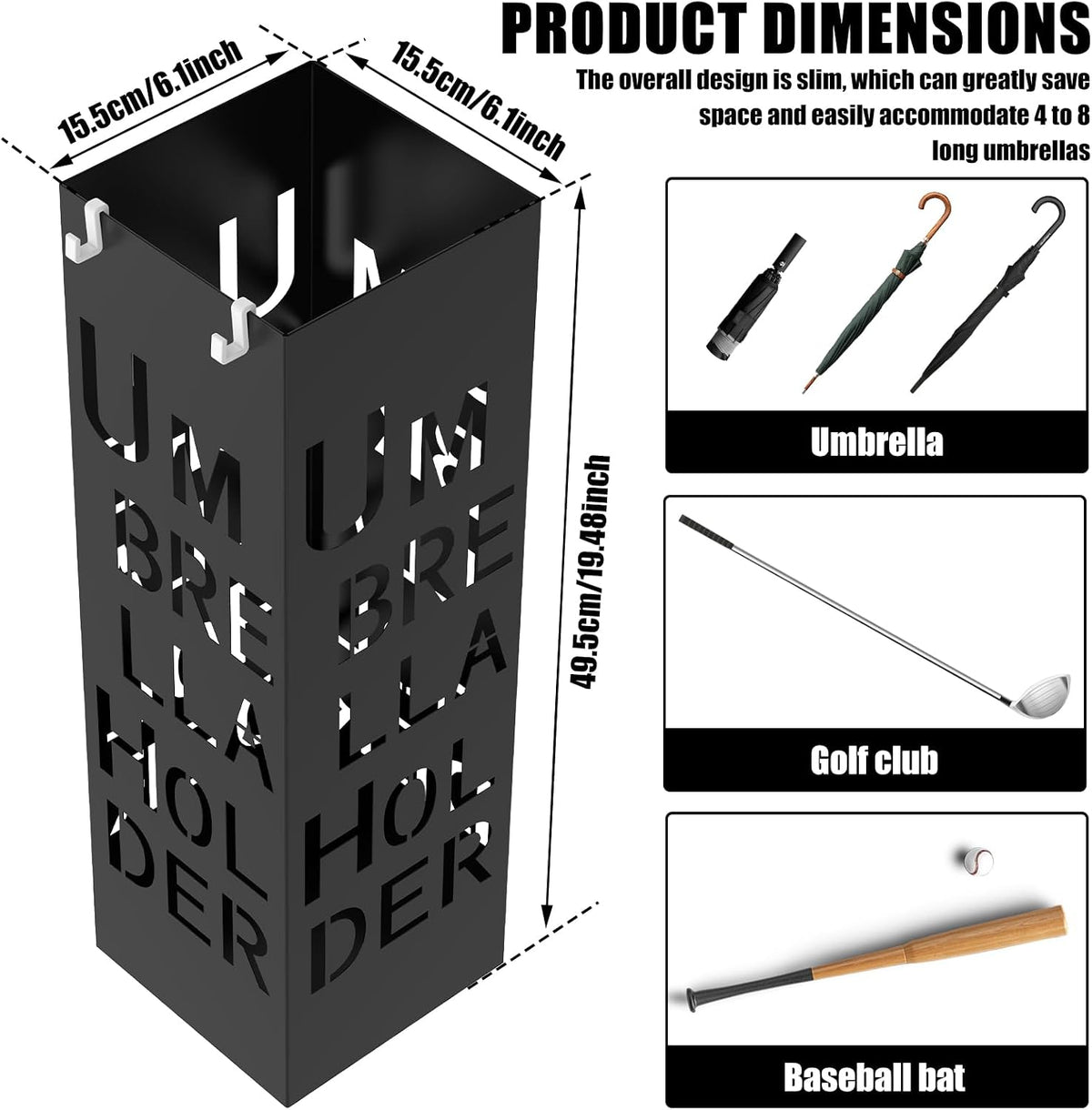 Square Metal Umbrella Holder, Square Free Standing Umbrella Rack Decorative Umbrella Holder Hollow Cutout Pattern Design for Umbrella Cane Entryway Home Office 19.49" X 6.1" X 6.1"(Black hollowed out)
