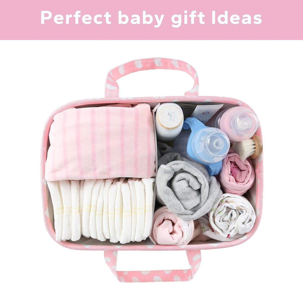 Diaper Caddy Organizer for Baby Girl-Nursery Storage Bin-Portable Car Organizer for Diapers and Baby Wipes- Baby Shower Registry Basket Newborn Must Have Tote Caddy Bag（Pink Heart）