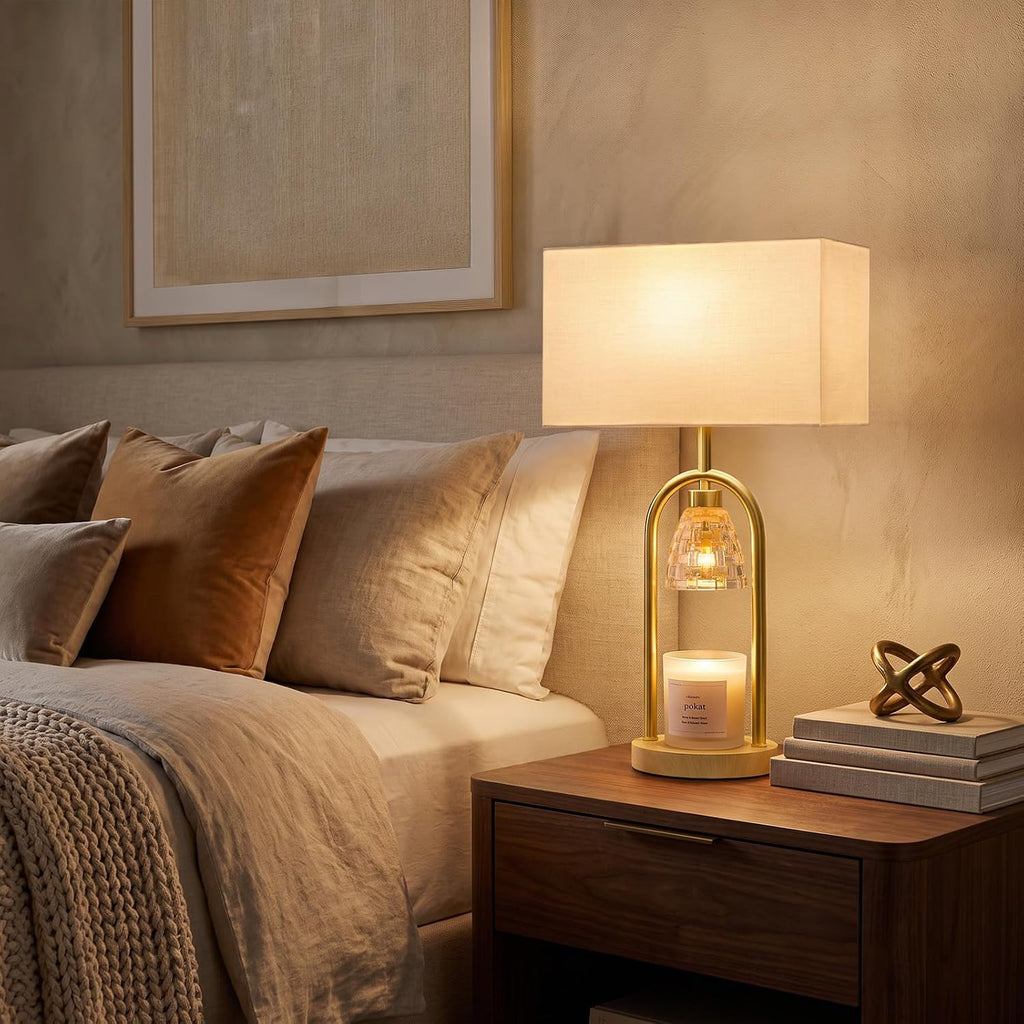 PoKat 22'' Table Lamp with Candle Warmer for Bedroom, Farmhouse Wood & Gold