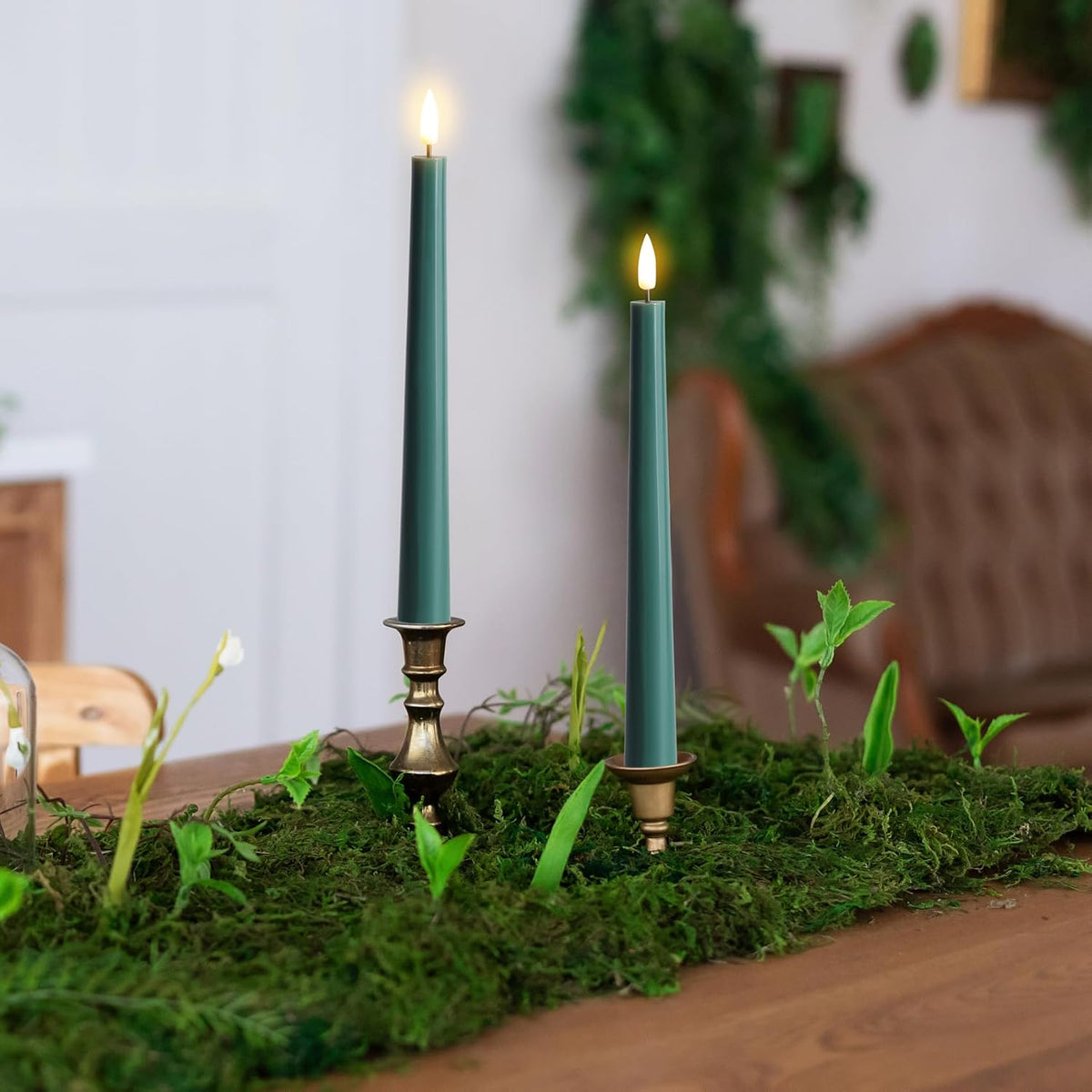 Eywamage Real Wax Green Flameless Taper Candles with Remote Set of 6