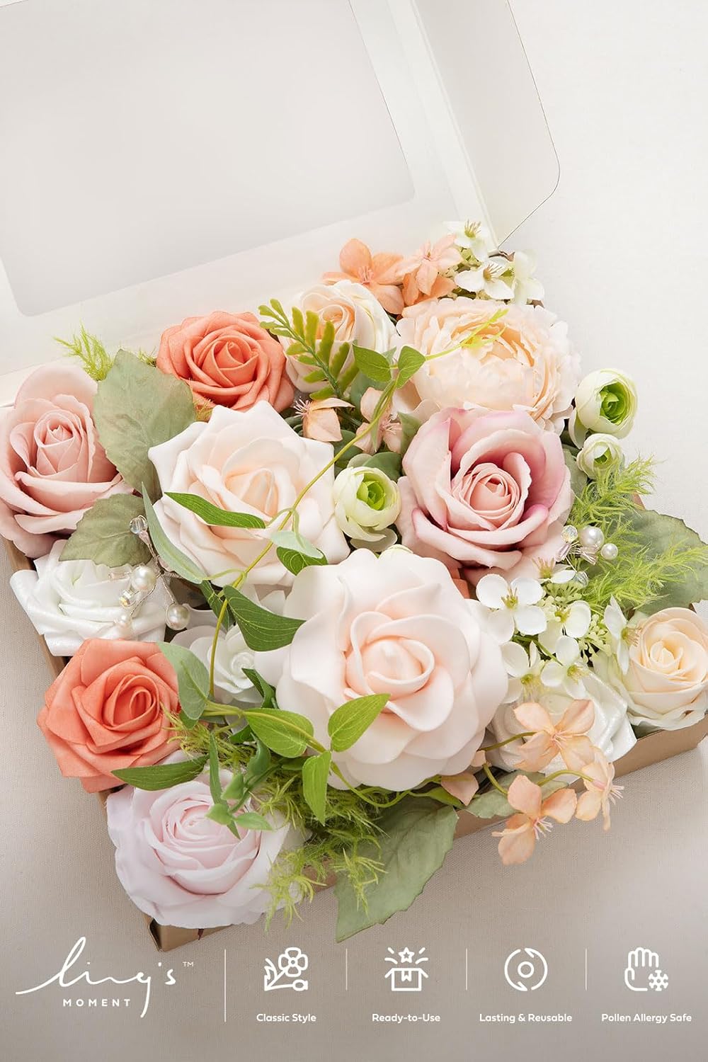 Ling's moment Fake Flowers Box, Faux Artificial Greenery Stems Foam Roses Gardenia Silk Peony Ranunculus Fabic Flower for Centerpieces Bouquet Wedding Vase Decorations, Garden Blush, Grand Combo