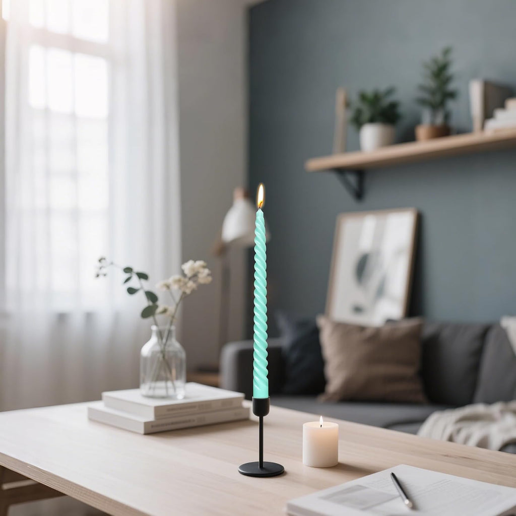 10 Inch Spiral Teal Taper Candles, 10 Pack Turquoise Green Candlesticks, Unscented Dripless Long Burning Candles for Dinner Party Wedding Home Decor, Aqua Mint Seafoam Table Candles