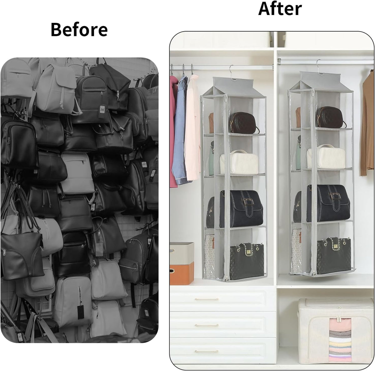 8 Grids in 1 Pack Hanging Purse Handbag Organizer with Double Zippers, Visible Purse Organizer for Closet, Fully Enclosed Handbag Storage Holder, Hanging Closet Organizer for Bags