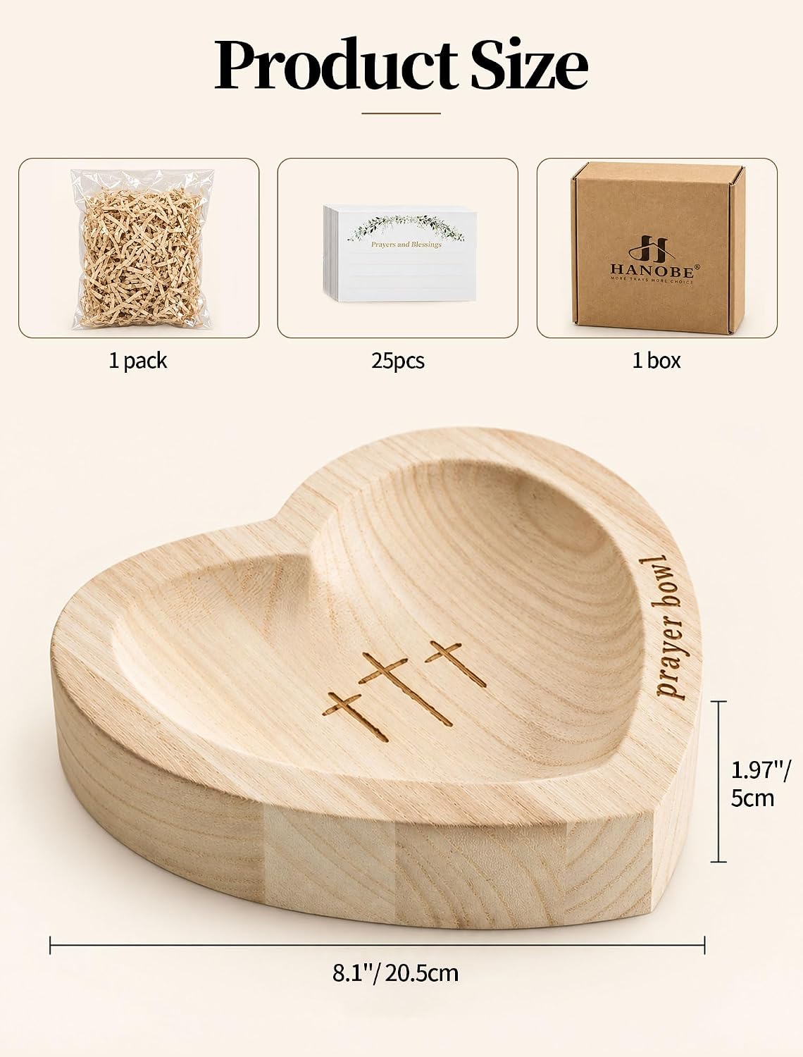 Hanobe Wooden Heart-Shaped Prayer Bowl with Cross Engraved & 25 Cards Sets