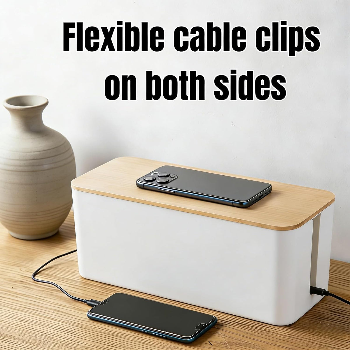 1 Large + 1 Small Cable Management Box Set – 2-Piece Cord Organizer Box, Home Office Desk Wire Storage & Cable Management Solution (Bamboo Lid/White)