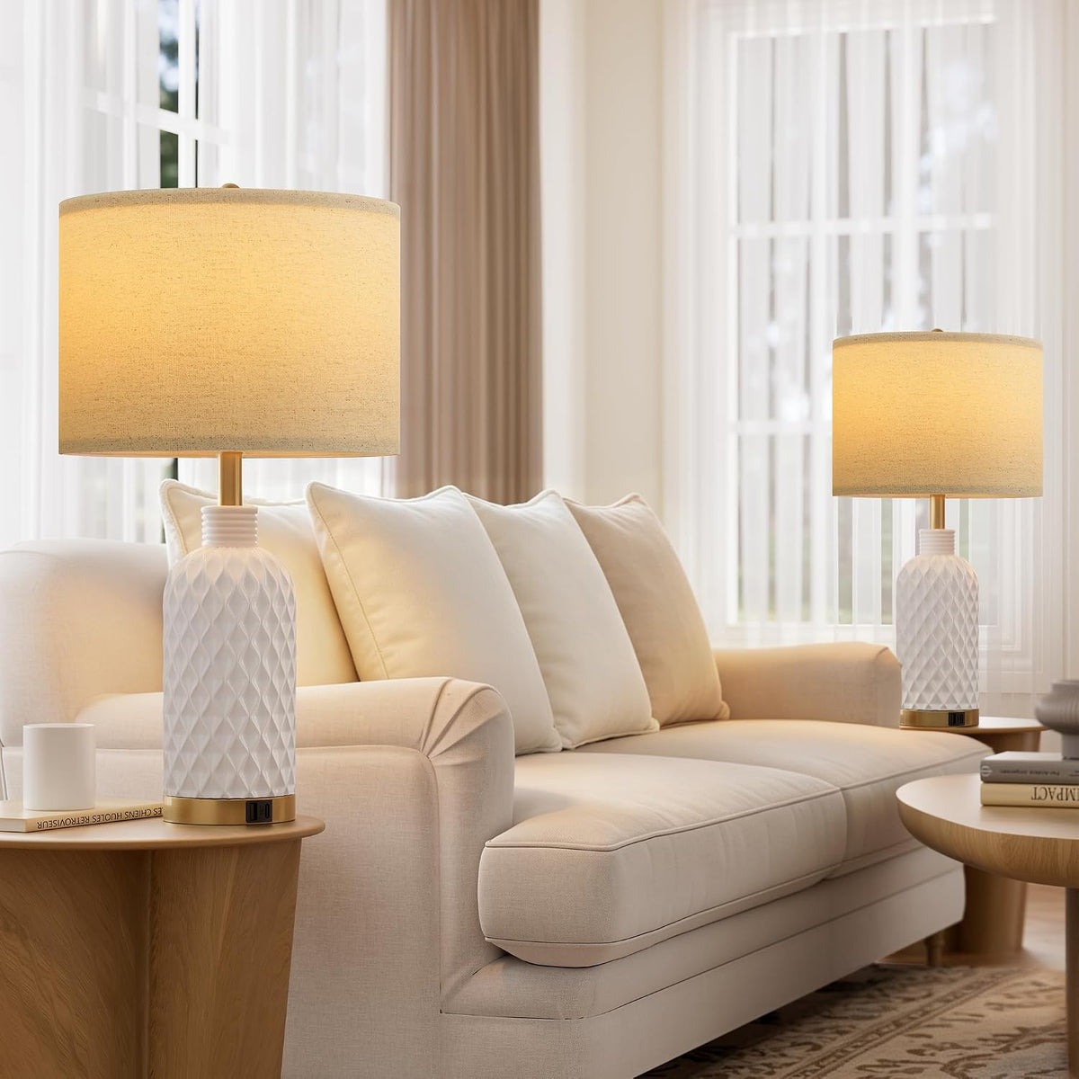 SIBRILLE 25" Ceramic Table Lamps Set of 2, White, USB-C/USB-A & AC Outlet