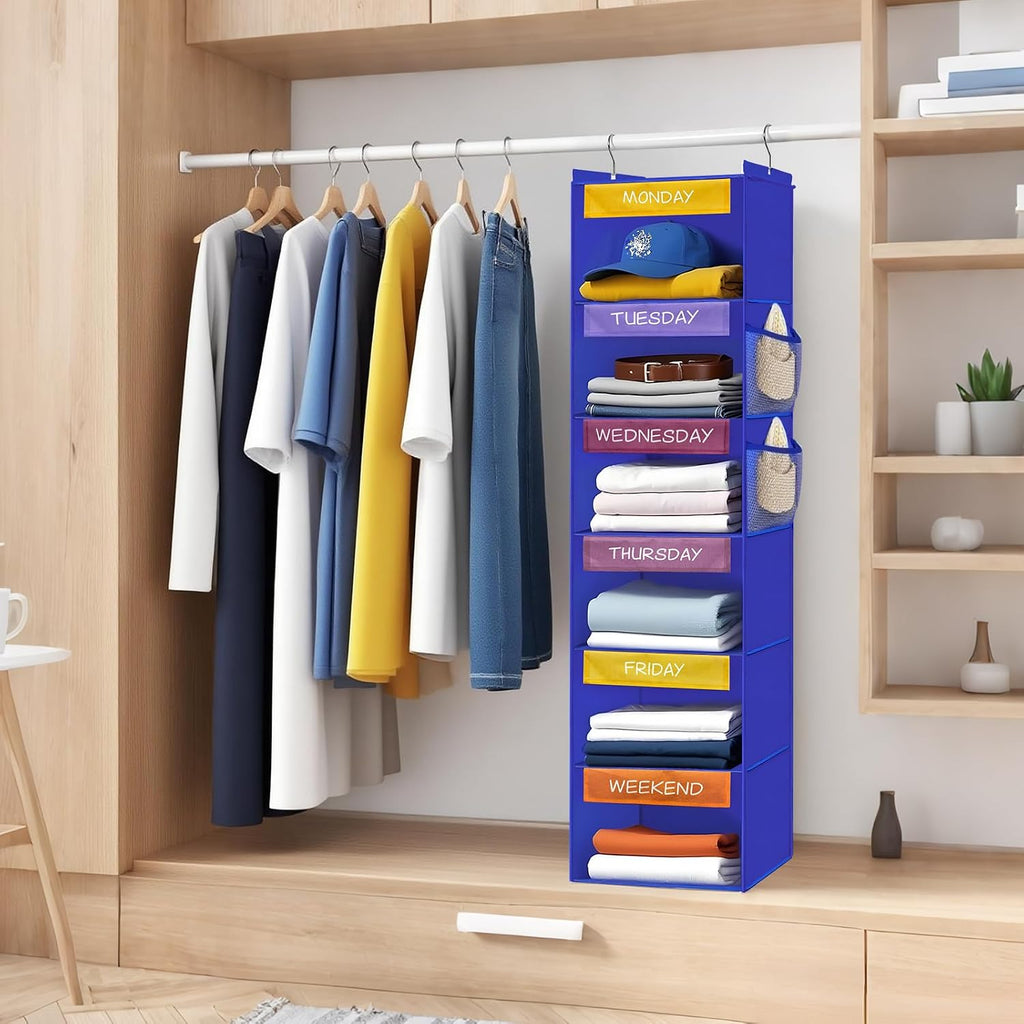 homyfort Weekly Clothes Organizer for Kids, 6-Shelf Hanging Closet Organizer with Colorful Labels, Space Saving Design with 2 Pockets, Daily Hanging Closet Shelves for Kids Room Storage, Blue