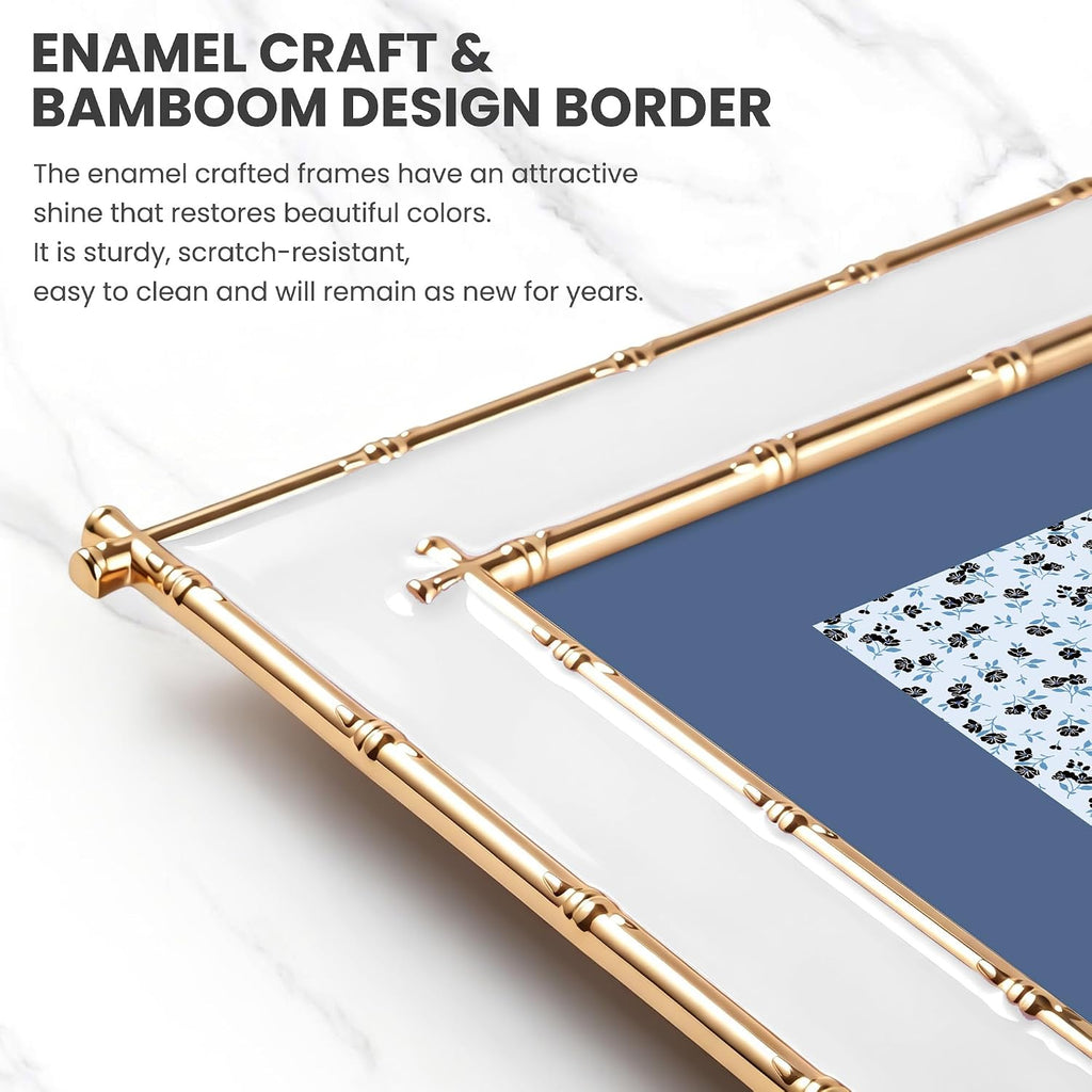8x10 Picture Frame White Enamel, Gold Bamboo Design Edge, Tabletop, 1pc
