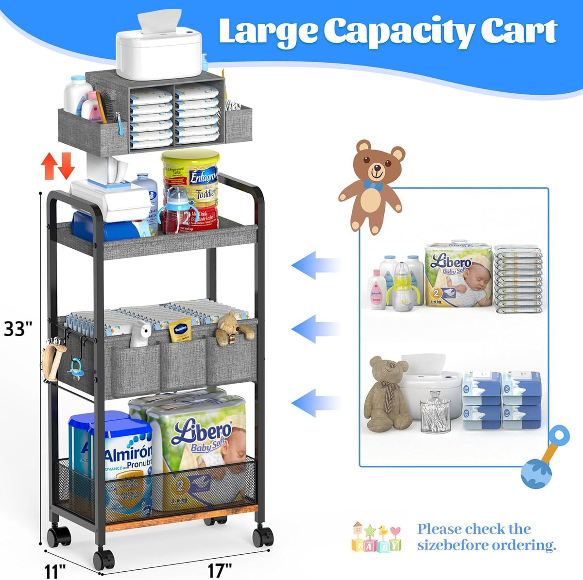 2In1 Baby Diaper Caddy & 3-Tier Rolling Diaper Cart, Caddy Organizer Cart with Dividers, Mobile Metal Bedside Carts for Baby Essentials, Rolling Carts for Newborn Nursery with Wheels, Large Capacity