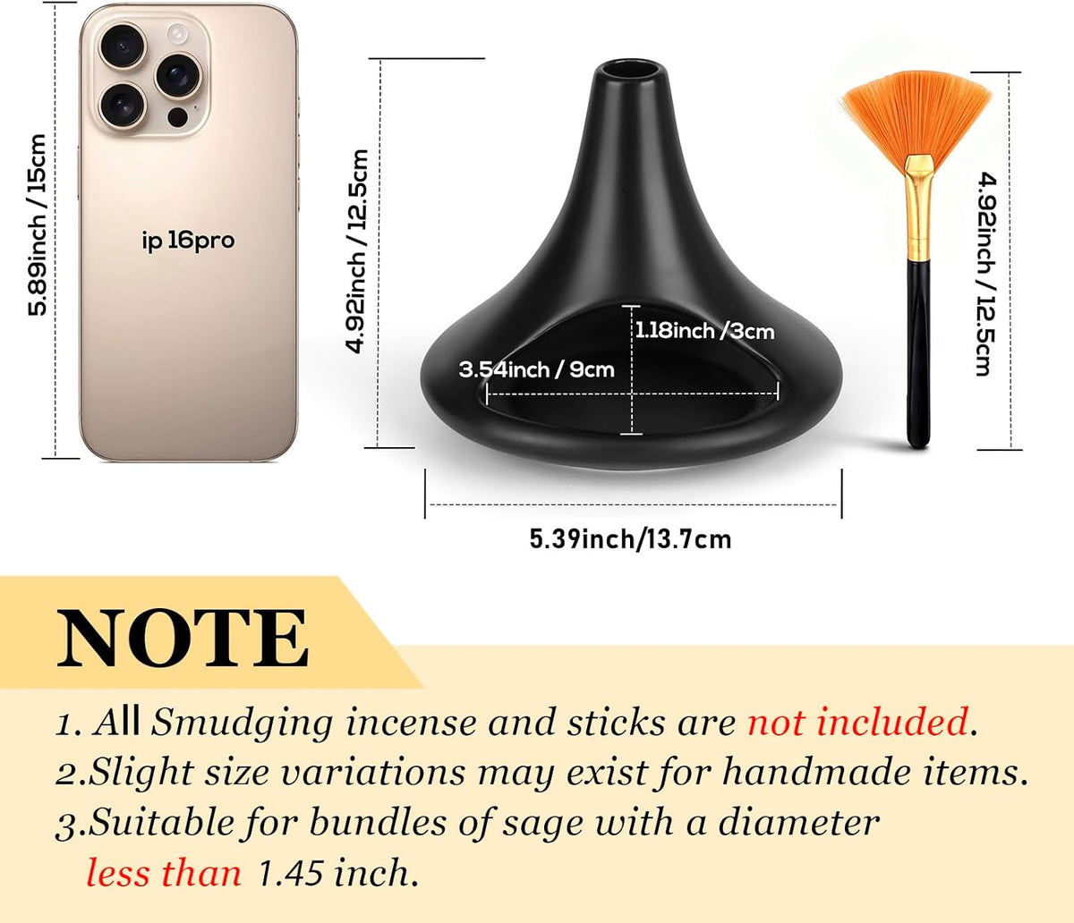 Ceramic Palo Santo Holder Matte Black, Chiminea Shape Mini Smudge Bowl Burner with Ash Catcher for Incense Cones & Candles, Palo Santo Sticks, for Meditation, Yoga, Cleansing Ceremony, Handmade