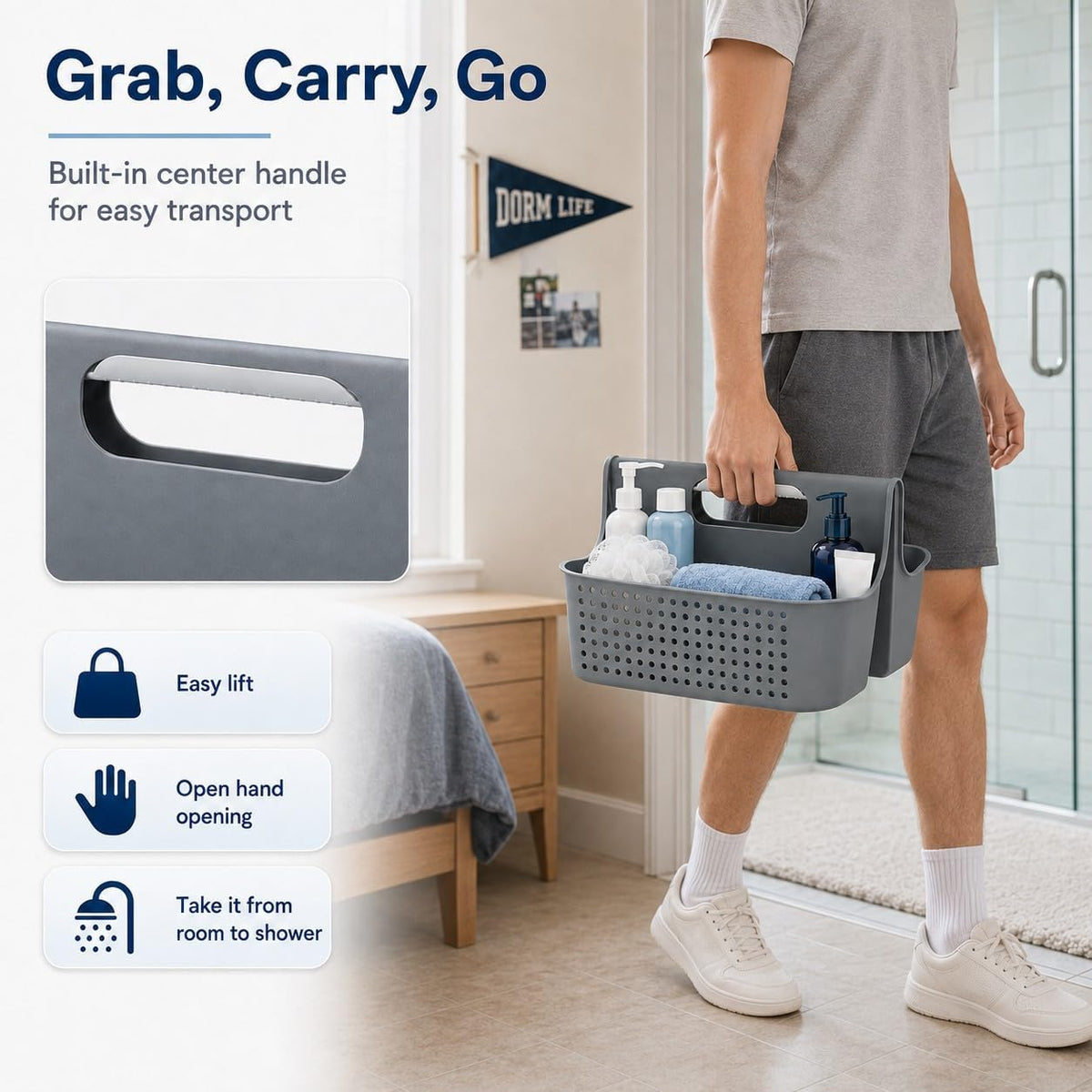 NINU Gray Portable Shower Caddy, 2-Compartment Storage Organizer