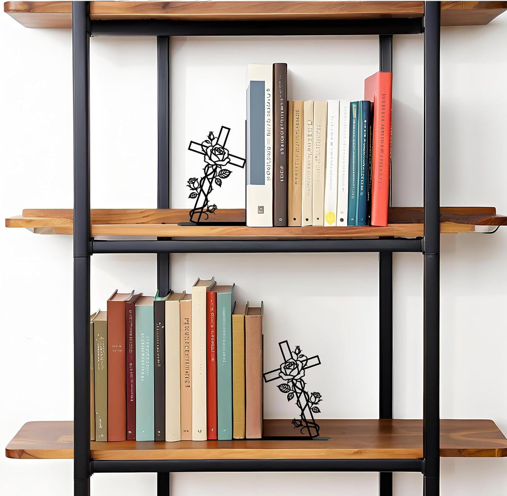 Metal Decorative Bookends Christian Cross Rose Book Ends for Shelves Faith Home Office Library Desk Decor Christian Gift for Book Lovers(Floral Cross)