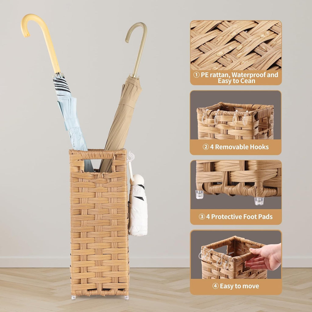 Rattan Umbrella Stand, Umbrella Holder for Entryway, Hand Woven Umbrella Rack Organizer Freestanding, with a Detachable Drip Tray, 4 Hooks, 6.5" L x 6.5" W x 16.5" H, Natural
