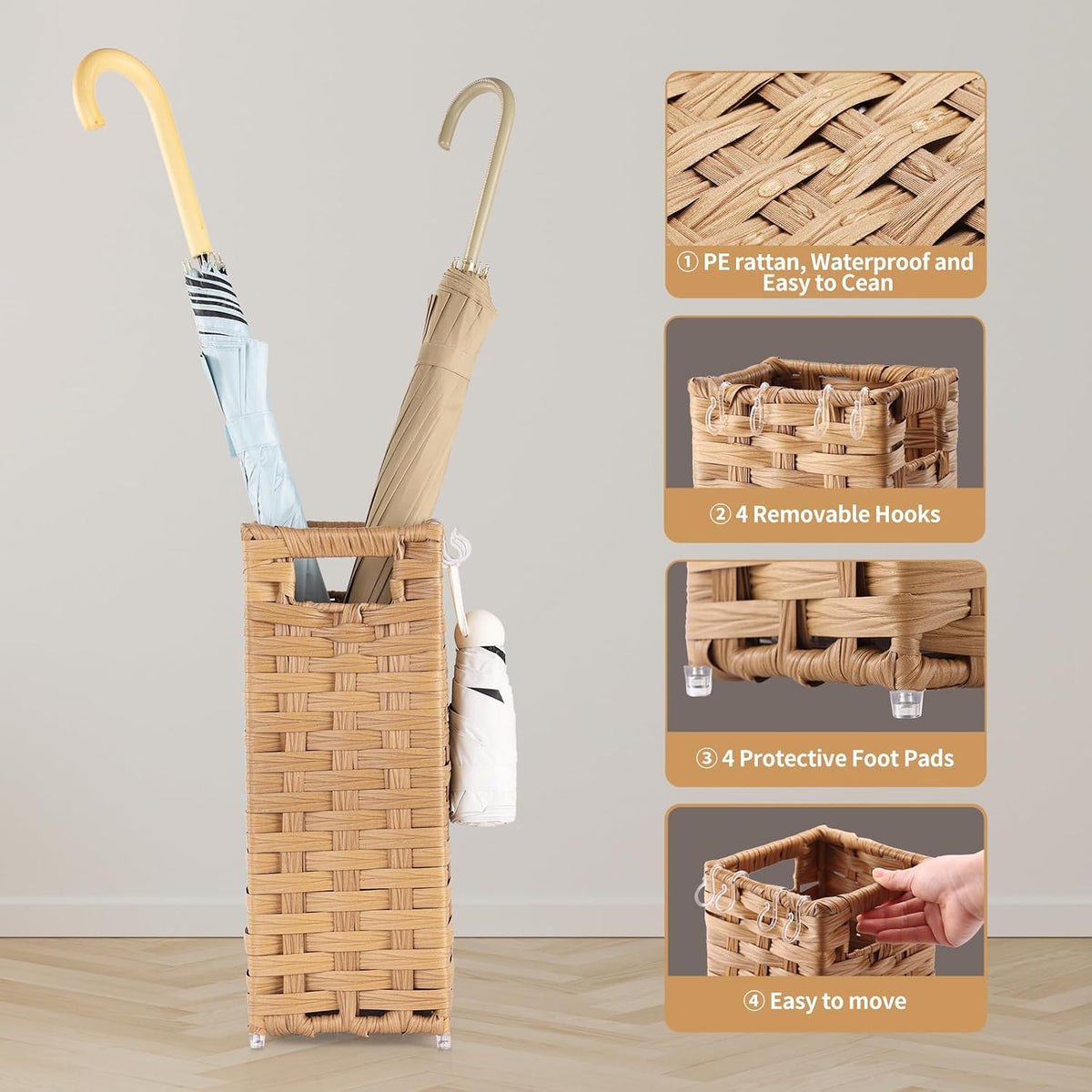 Rattan Umbrella Stand, Umbrella Holder for Entryway, Hand Woven Umbrella Rack Organizer Freestanding, with a Detachable Drip Tray, 4 Hooks, 6.5" L x 6.5" W x 16.5" H, Natural