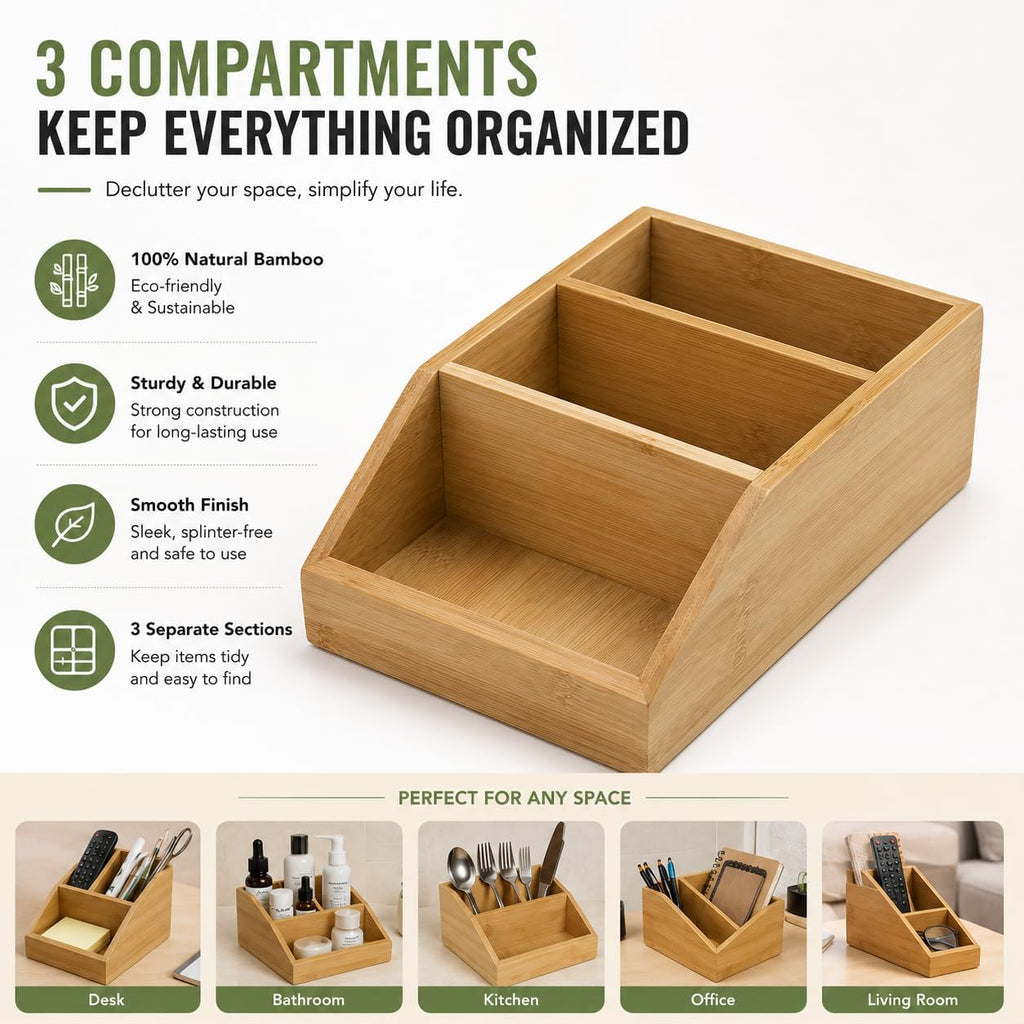 Bamboo Desk Organizer with 3 Compartments, Desktop Storage Organizer for Office Supplies, Makeup, Remote Controls and Accessories, Multi-Purpose Countertop Organizer for Home Office Desk