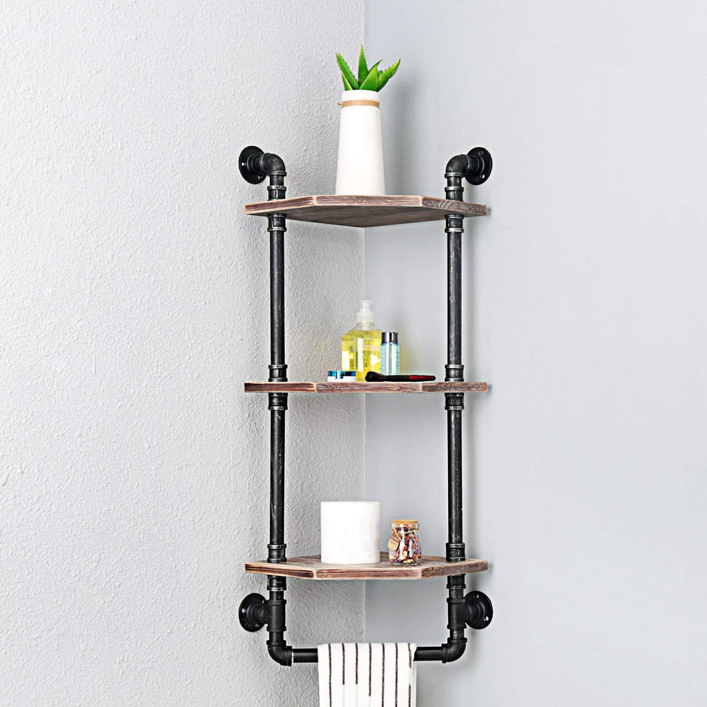 MBQQ Industrial Pipe Shelf,Rustic Corner Shelves with Towel Bar,Bathroom Shelves Wall Mounted,3 Tiered Metal&Real Wood Home Decor Floating Shelves