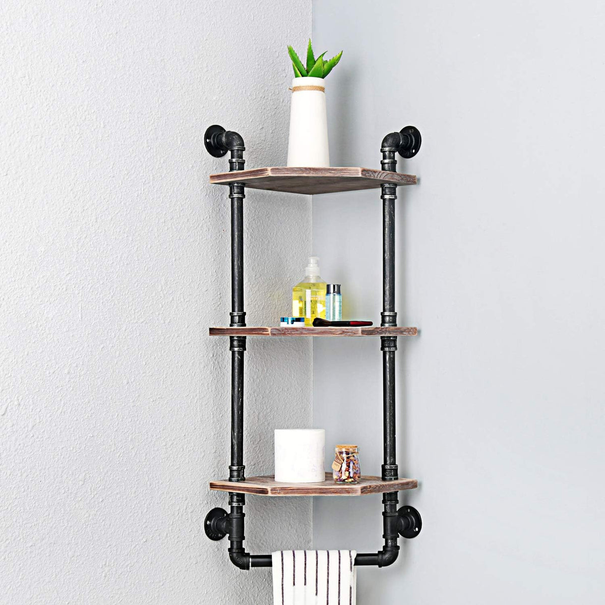 MBQQ Industrial Pipe Shelf,Rustic Corner Shelves with Towel Bar,Bathroom Shelves Wall Mounted,3 Tiered Metal&Real Wood Home Decor Floating Shelves
