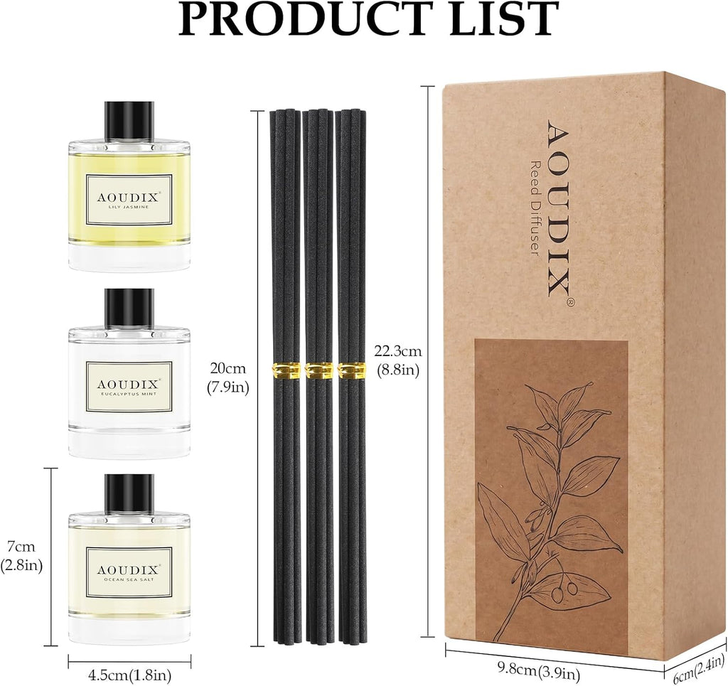 Reed Diffuser Set of 3, 50 ml Lily Jasmine/Eucalyptus Mint/Ocean