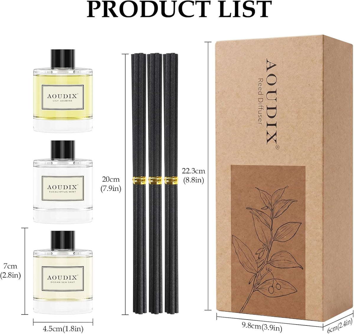 Reed Diffuser Set of 3, 50 ml Lily Jasmine/Eucalyptus Mint/Ocean