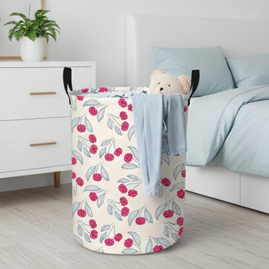 Cute Girls Baby Laundry Basket Kids Clothes Gift Hamper Nursery Cherry Room Decor (Blue Leaf Dot Cherries)