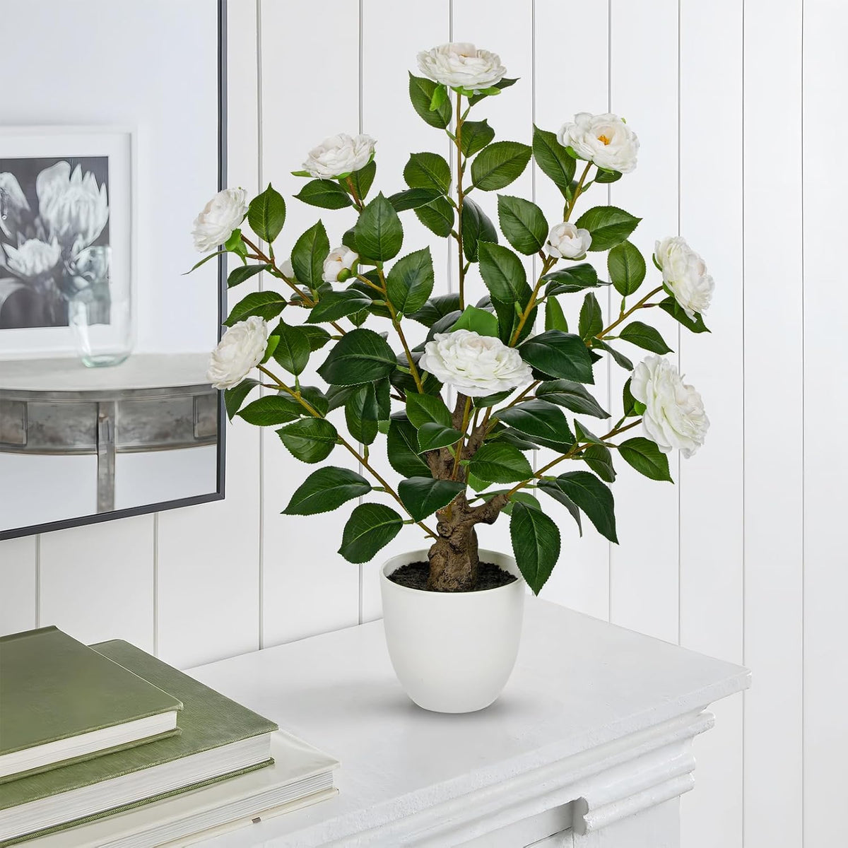 Hollyone White Artificial Camellia Tree 23.6" Flower Plants Artificial Tree Small Faux Camellia Plant in Pot Greenery Potted Plant for Indoor Outdoor Porch Front Door Office Home Decor