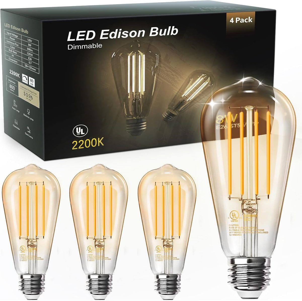 TJOY ST58 LED Edison Bulbs, E26, 8W 60W Equivalent, 2200K, Dimmable