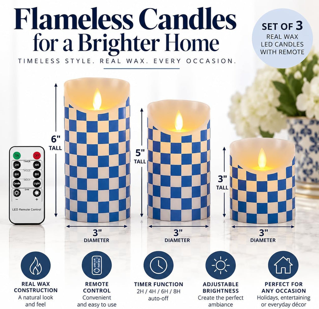 Flickering Flameless Wax Coated Candles: Set of 3 Battery-Operated LED with Remote with Timer (Blue Check)