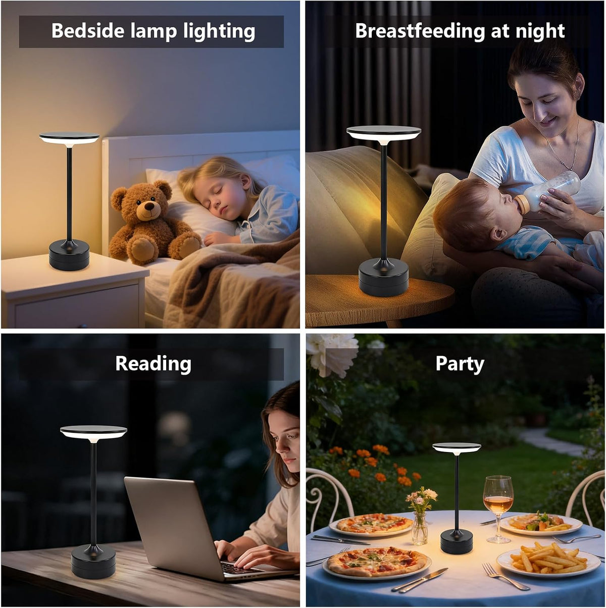 Small Table Lamp, Portable Metal Table Lamp, Cordless Rechargeable Table Lamp , 3 Color Stepless Dimmable Atmosphere Table Lamps for Patio, Camping, Coffee table decor lamp for Indoor/Outdoo(Black)