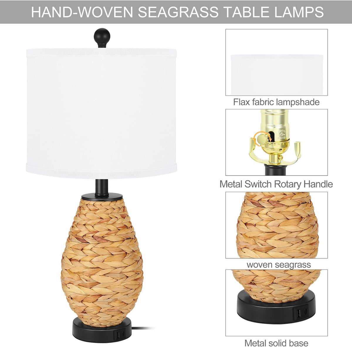 Coastal Table Lamps Set of 2, Retro Natural Seagrass Rattan Woven 25" Bedside Lamp, for Bedroom Living Room Home Nightstand Table Lamp(with USB C+A 5V 2.1A Charging Ports)