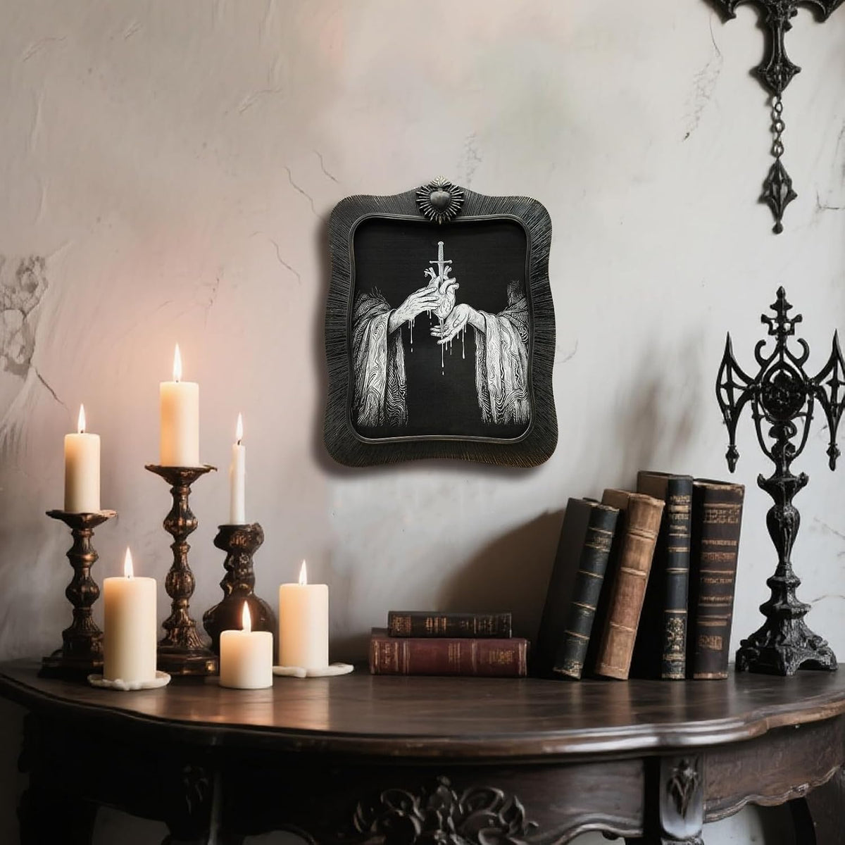 8x10 Vintage Picture Frame, Antique Black Ornate Gothic Photo Frame for Wall Hanging or Tabletop Display, Decorative Heart Relief Design, Retro Home Decor, Photo Gallery Art