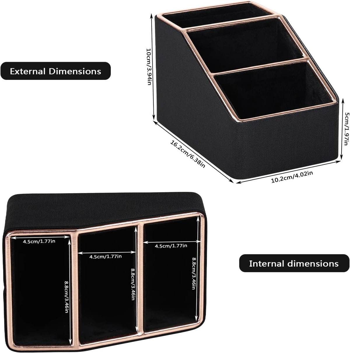 Rose Gold Edge Inlaid Leather Desktop Organizer, Remote Control Holder,Nightstand Remote Caddy, Multi-Functional Storage Box for Cellphone,Pens, Makeup Brushes, Lipsticks & Small Cosmetics (Black)