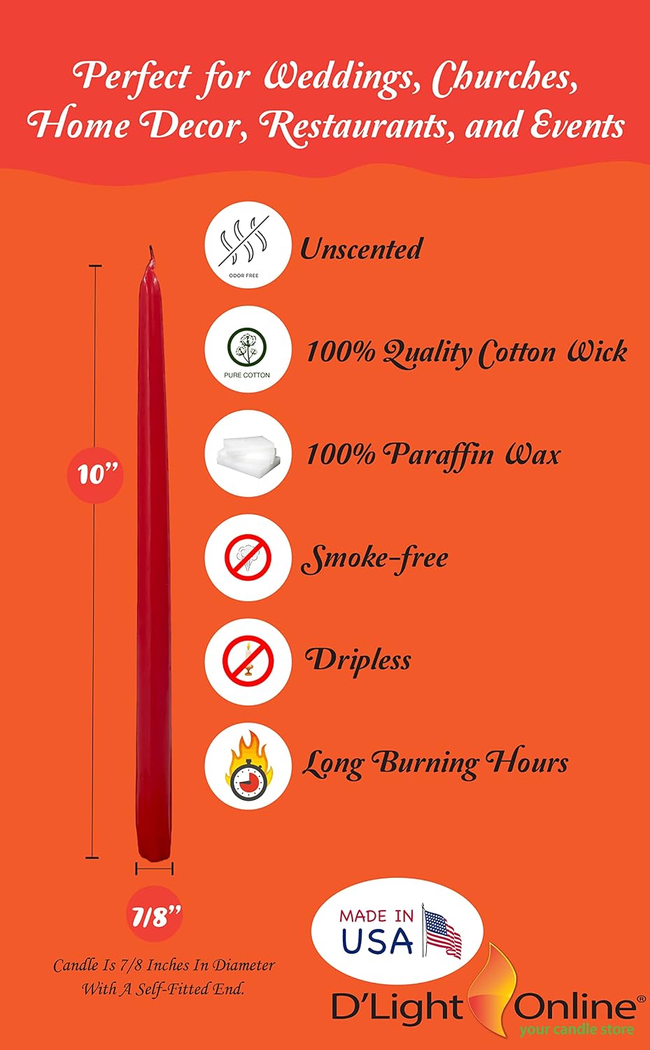 D'light Online Elegant 10" Holiday Taper Candles Premium Quality- Unscented, Hand-Dipped Tapered Candles, Dripless and Smokeless - Set of 12 (10 Inch, Holiday)