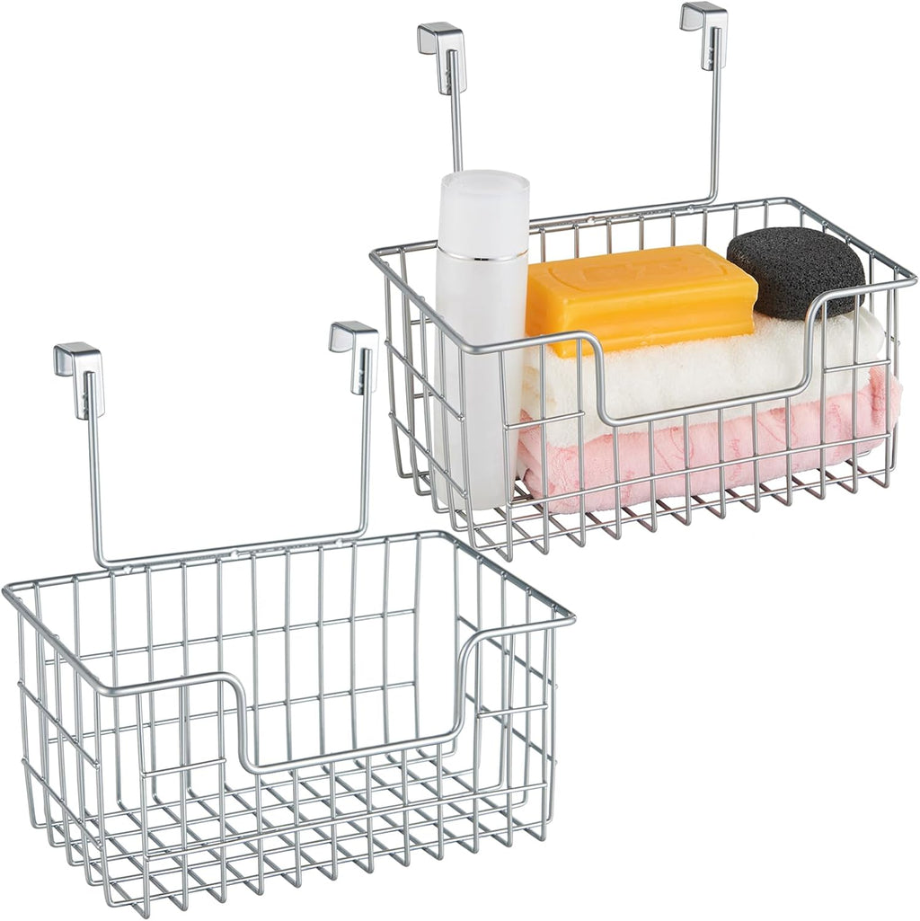 JUNCHU CHERRY Wire Hanging Storage Basket 2 Packs, Wall Mounted Kitchen Bathroom Storage Basket, Multi-Functional, No Punching, Strong Bearing, Chrome