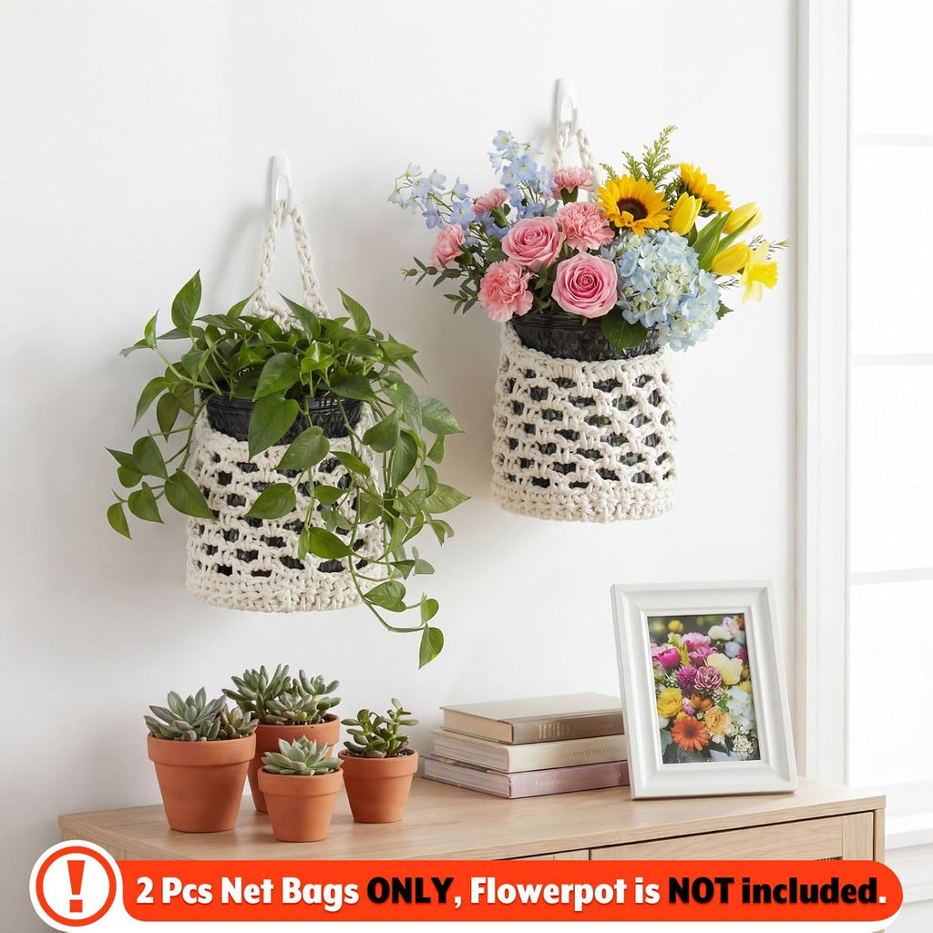 2 Pcs Macrame Planter Basket Wall Hanging Pot Holder for Indoor Plants 4 Inch Pots Decorative Succulents Display Plant Hanger Net Bag for Home Garden, White