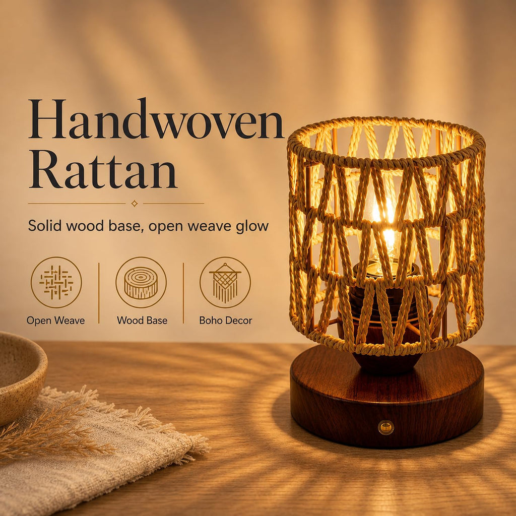 Cordless Operated Rattan Lamp, 5000mAh Rechargeable Dimmable Handwoven Open Weave Drum Table Lamp with Edison Bulb, Boho Nightstand Light for Bedroom Home Decor