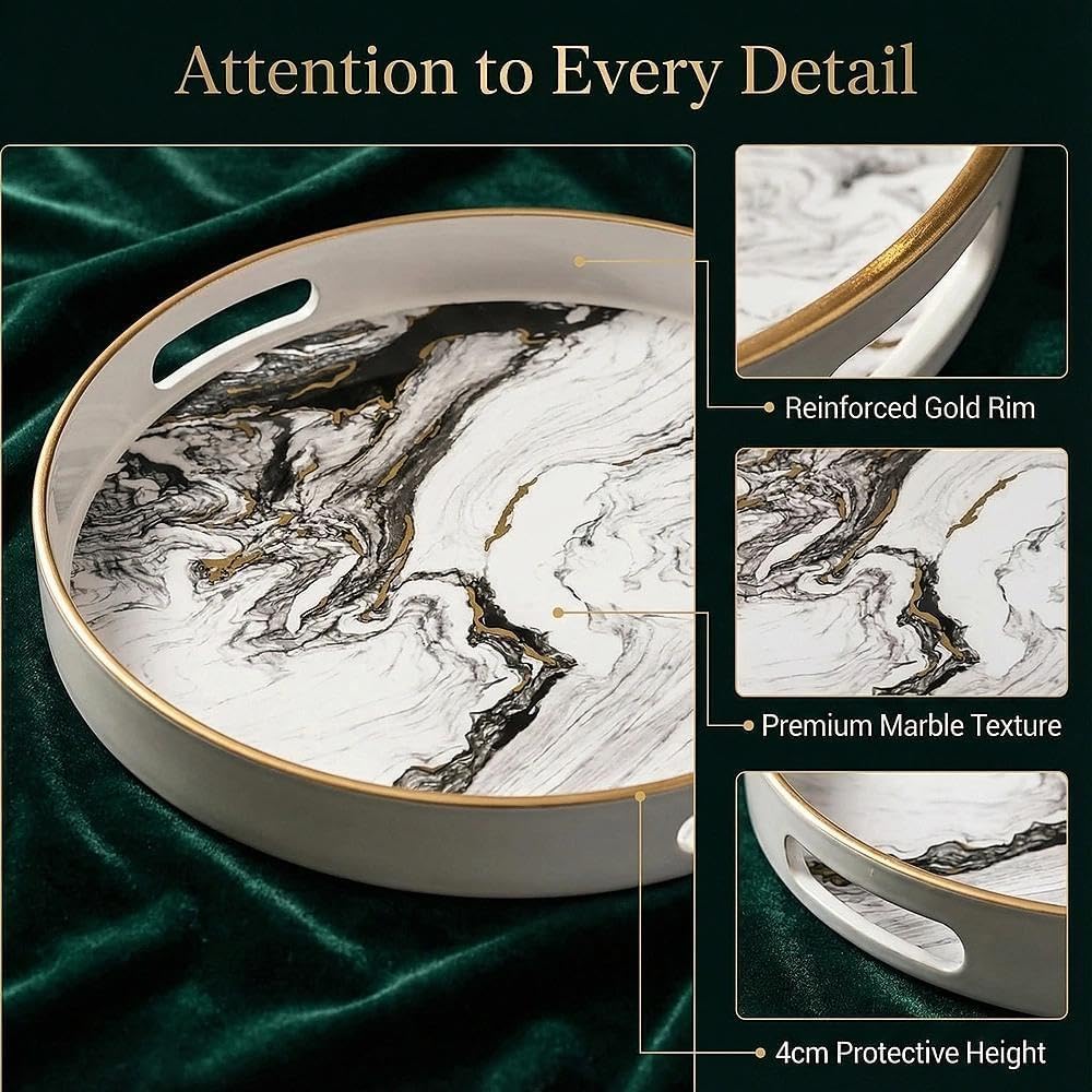Round Decorative Tray, Marbling Plastic with Handles, Modern Vanity and Serving for Ottoman, Coffee Table, Kitchen and Bathroom, Size 13", White