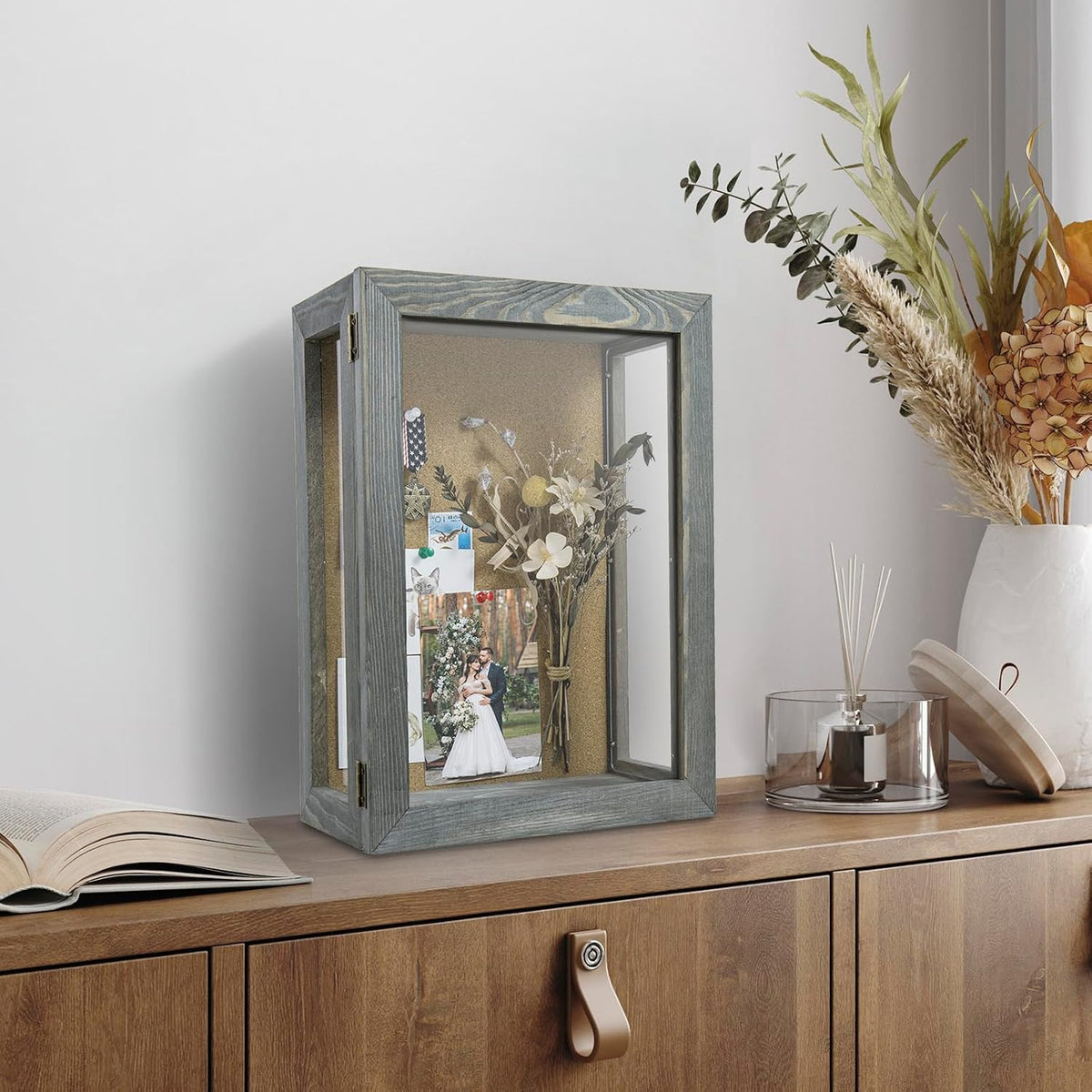 MyGift 11x15 Deep Shadow Box Frame, Display Case Wall Mount for Picture, Heirloom, Home Office Décor, Wedding & Military Memorabilia Display, Solid Wood, Clear Acrylic, Magnetic Lock, Grey