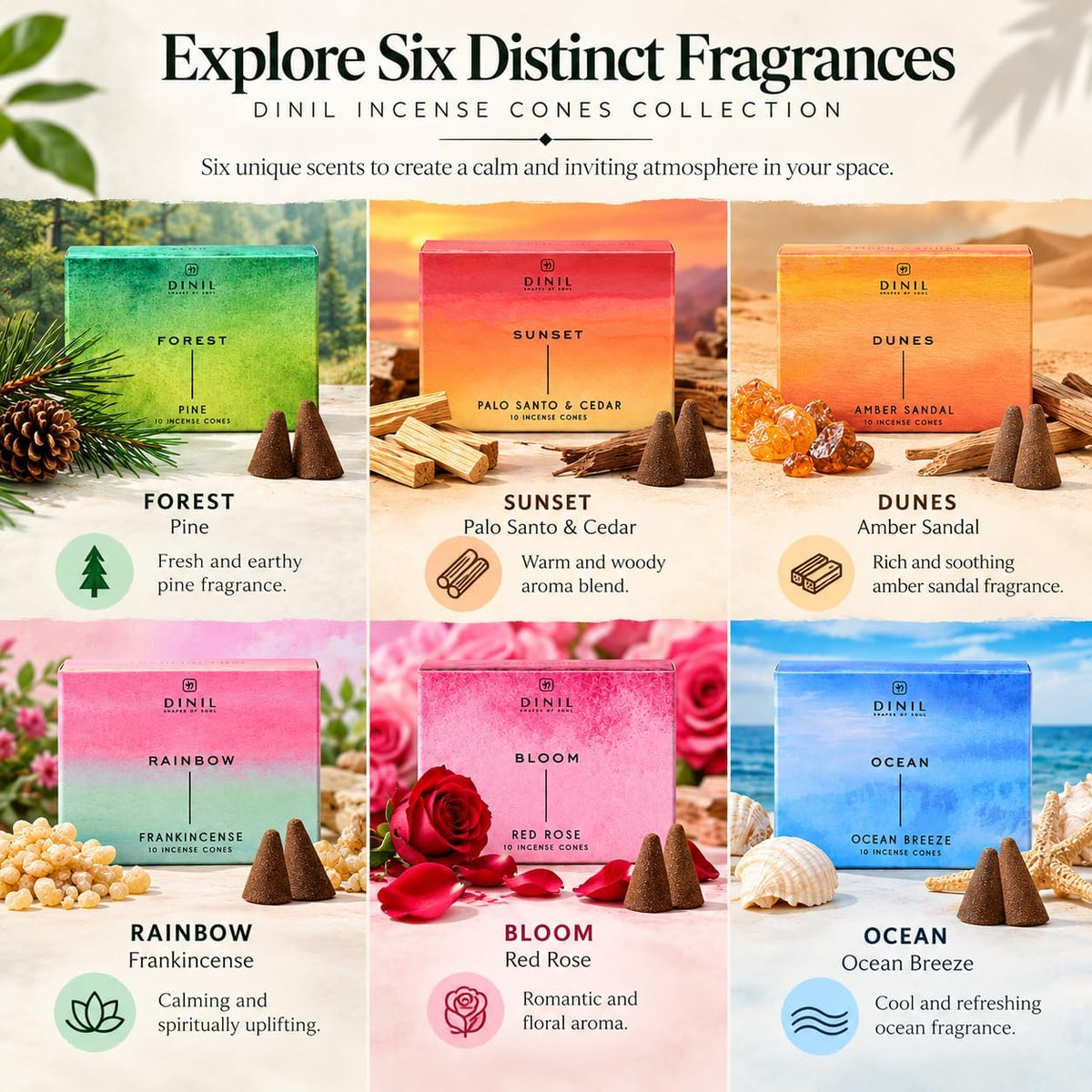 Dinil Enchanted Earth Incense Cones, 60 Count, Earthy Scent