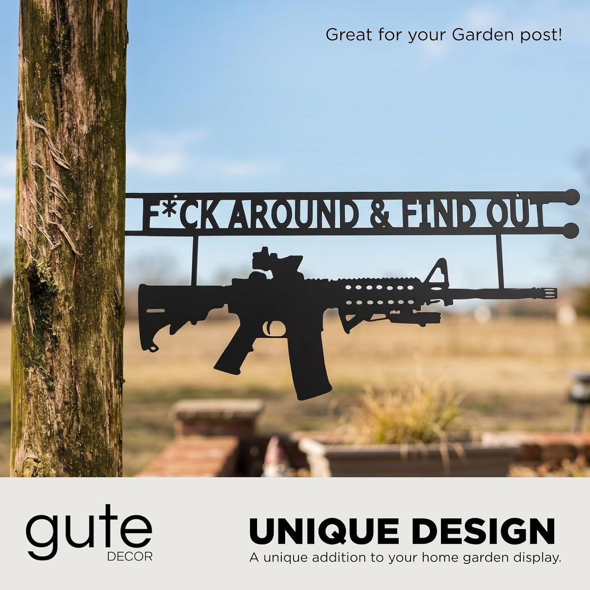 Metal No Trespassing Sign "You're In Range" Gun Metal Door, Wall or Tree Hanger Sign Decoration by GUTE,Metal Wall Art,Hanger, Gun Owners (Fck Around And Find Out)