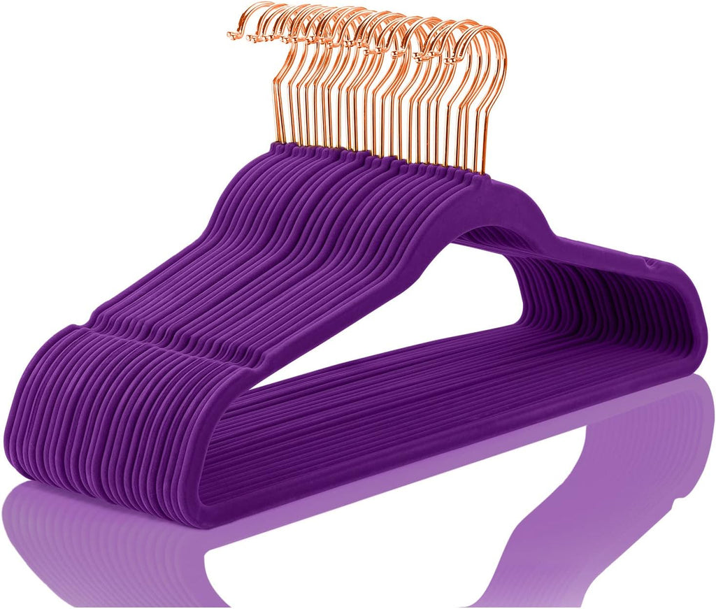 MIZGI Velvet Hangers 50 Pack Non Slip Heavy Duty Dark Purple Rose Gold Hook