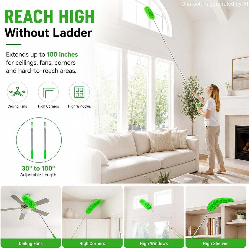 AZUN Microfiber Duster for Ceiling Fans, 30-100 in Telescoping Pole, Green