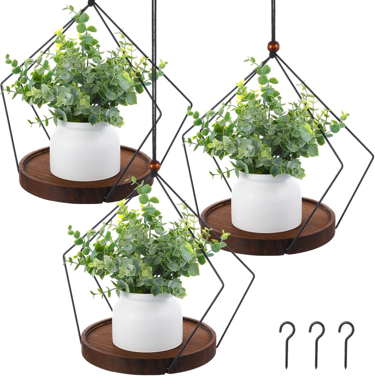 Threehoney 3 Pack Hanging Planters for Indoor Black Plant Hanger with Round Wood Base Large Indoor Hanging Plant Shelf Boho Holder Gift for Mom,housewarming (7.9 '',Rhombus)