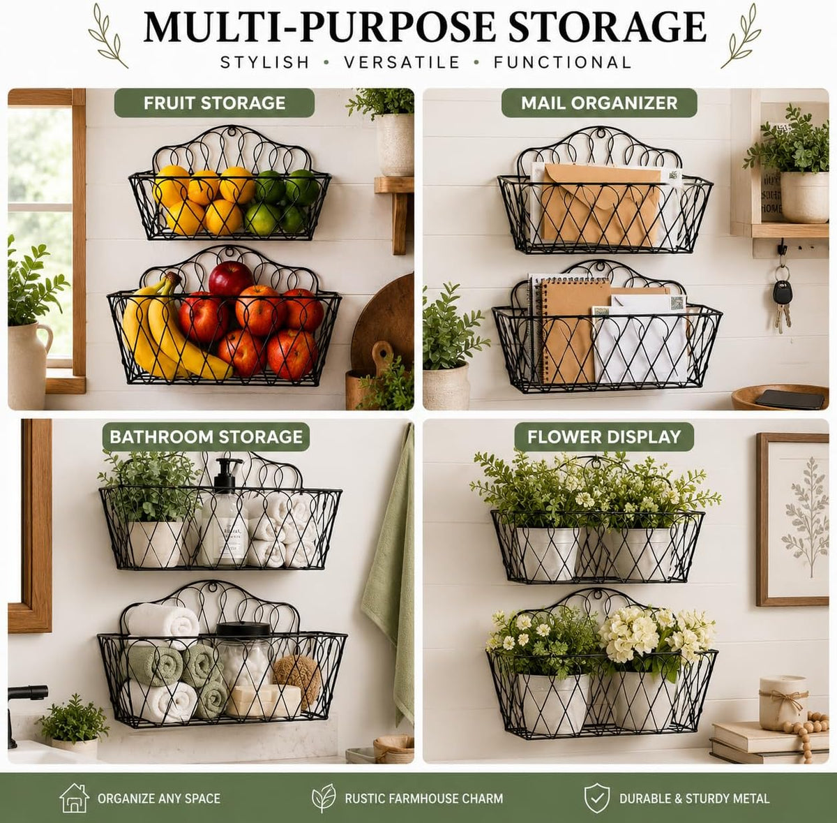 Farmhouse Hanging Wall Storage Baskets Set of 2, Metal Wire Wall-Mounted Basket Organizer for Fruits, Vegetables, Flowers, Kitchen, Pantry, Bathroom, Entryway, Rustic Home Decor