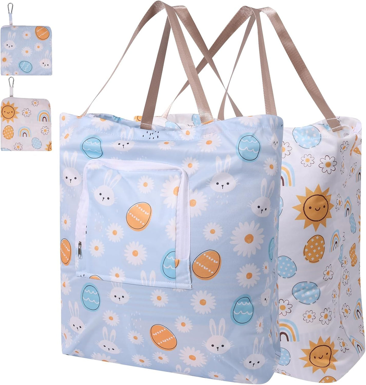 2 Pack Travel Laundry Bag with Handle and Drawstring, Expandable Foldable Dirty Clothes Bags with Hook and Zipper, 23*20 inch, Cartoon 3 White + Blue