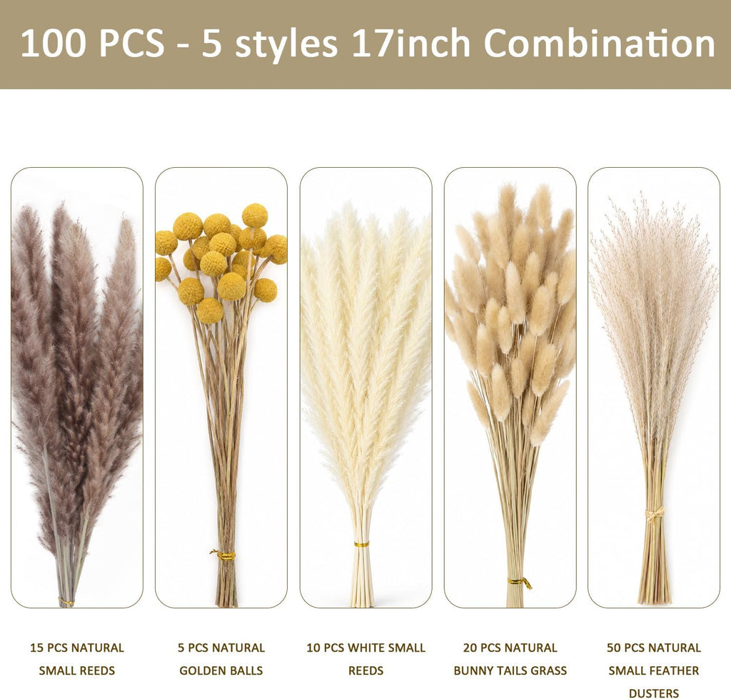 100PCS Boho Flowers Bouquet 17inch Natural Dried Pampas Grass for Vase