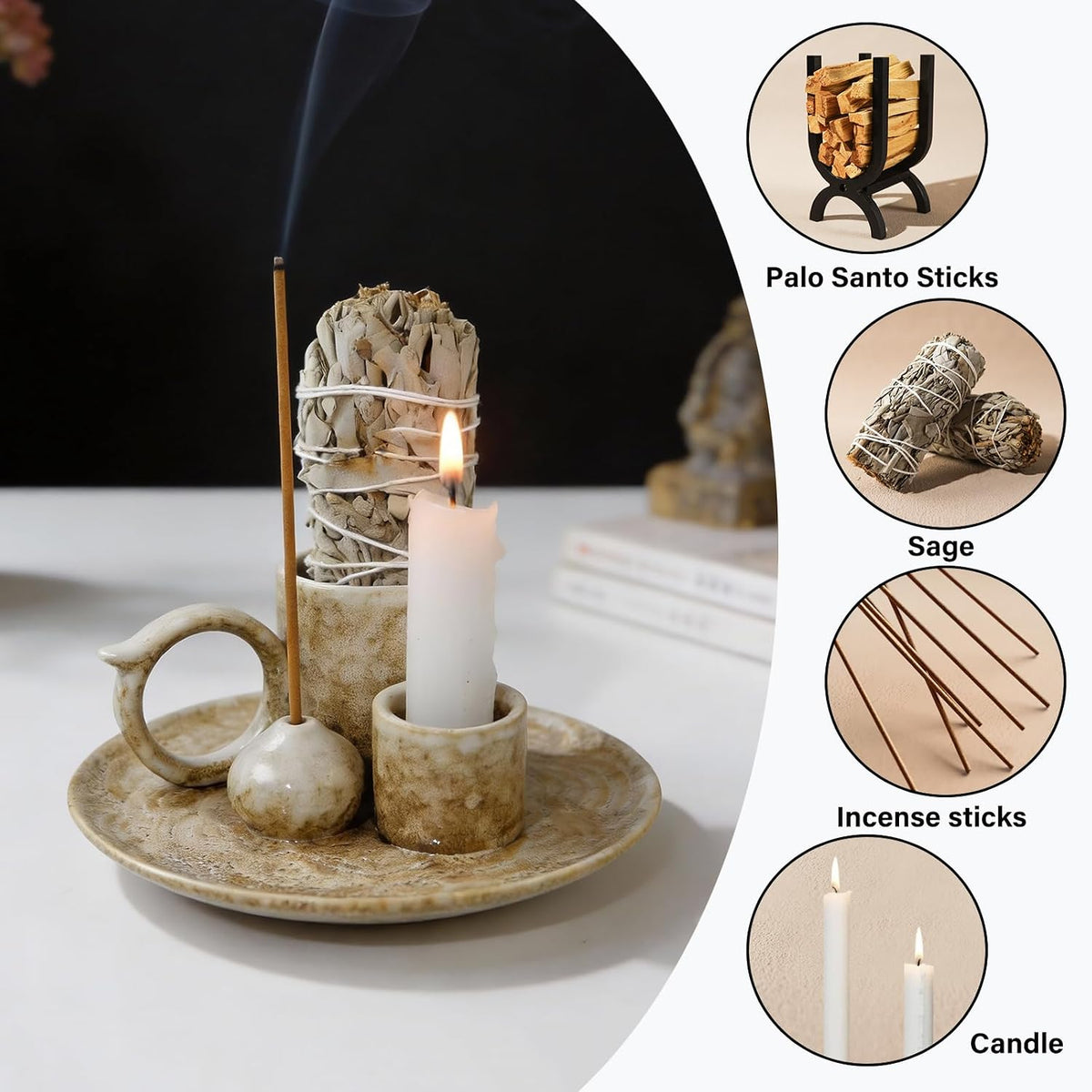 Tnstbiee 4.1 Inch 5-in1 Brown Ceramic Smudge Bowl,Versatile Incense Holder