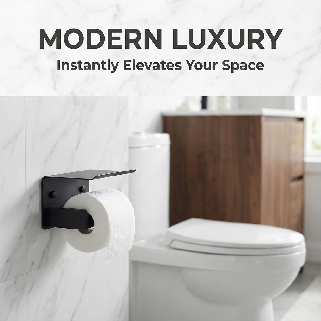Toilet Paper Holder with Phone Shelf, Matte Black