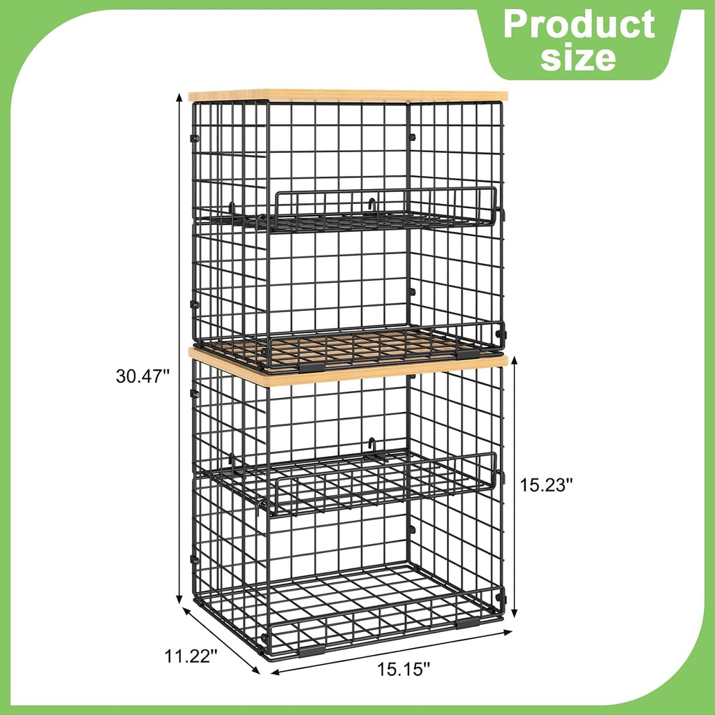 4 Pack Stackable Wire Baskets for Pantry Organizers and Storage, Pantry Baskets with Fixed Wooden Top, Fruit and Vegetable Storage Bins for Organizing Onion Potato Snack for Kitchen Cabinet/Countertop