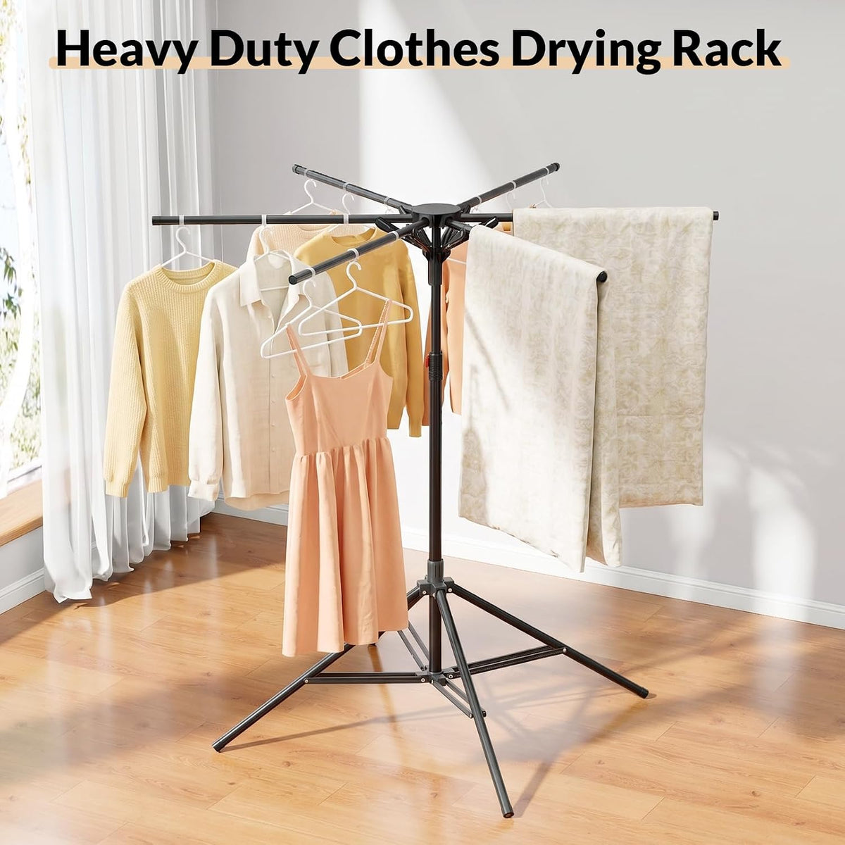 Portable 4-Leg Clothes Drying Rack, Foldable 6-Bar Rack for Space Saving